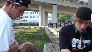 Cute Blonde Teen Alexis Crystal in Wild Public Threesome on the Street