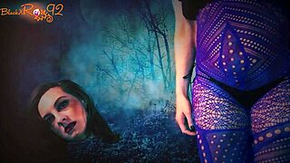 The brunette milf in fishnets gives head to the halloween monster.