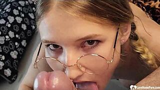 Cutie with glasses sucks monster cock pov