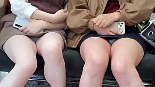 Hey, see these Japanese cuties flashing upskirts on the train!