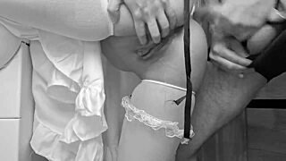 A mature woman in stockings gets cum on her pussy