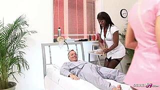Yo, these black and white nurses seduce a patient for a hot FFM threesome!