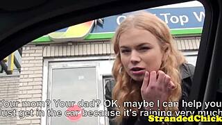 hitchhiking european blonde babe fucked closeup in public outdoor scene. shaved pussy gets pounded.