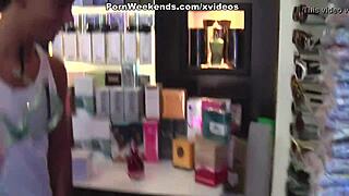 Passionate brunette sucks his cock during holiday, ripping clothes in ecstasy