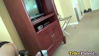 Petite Filipina in black lingerie on trike patrol adventure