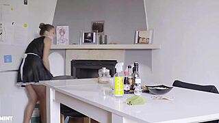 petite russian maid in roleplay steals and touches herself on camera.