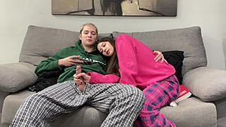 Step Brother Jerks Off Beside Step Sister in Dorm Until She Gives Handjob