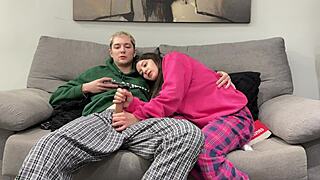 Step Brother Jerks Off Beside Step Sister in Dorm Until She Gives Handjob