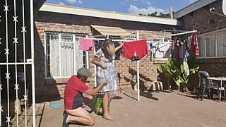 OUTDOOR FUCKING while TAKING OFF laundry with BIG ASS