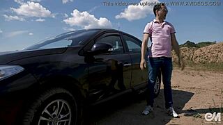 Naked men perform gay masturbation at outdoor car wash, ending with huge cumshot.