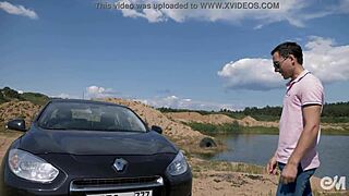 Naked men perform gay masturbation at outdoor car wash, ending with huge cumshot.