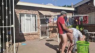 OUTDOOR FUCKING while TAKING OFF laundry with BIG ASS