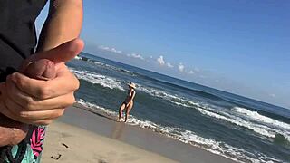Jerking My Cock on Public Beach Near Two Sexy Girls. They Join to Help Me Finish with Big Tits Action.