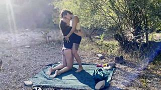 catalan girls share hot lesbian kisses outdoors