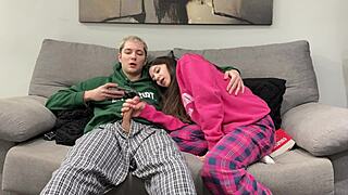 Step Brother Jerks Off Beside Step Sister in Dorm Until She Gives Handjob