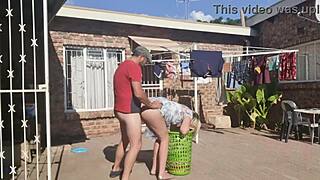 OUTDOOR FUCKING while TAKING OFF laundry with BIG ASS