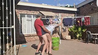 OUTDOOR FUCKING while TAKING OFF laundry with BIG ASS