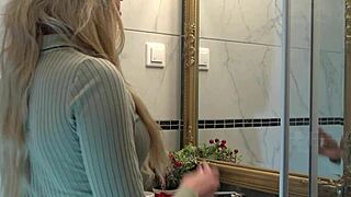 Beautiful blonde in sexy panties in the bathroom