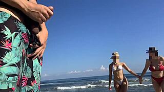 Jerking My Cock on Public Beach Near Two Sexy Girls. They Join to Help Me Finish with Big Tits Action.