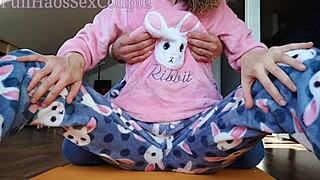 Why is stepdad teasing stepdaughter’s wet pussy and tiny tits in pajamas?