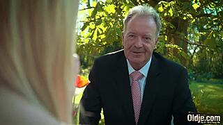 Young blonde moaning while fucking and swallowing old man’s cum