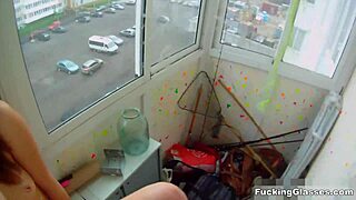 Teen dania gets fucked in doggystyle on balcony, cumshot follows.