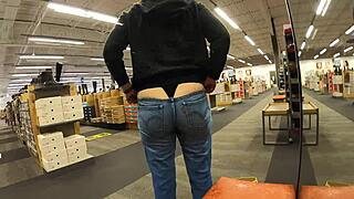 Exhibitionist brunette flashes huge ass in shop jeans 😏