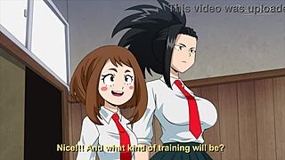 Two petite teens gagging on muscular bodybuilders' monster cocks in my hero academia hentai gangbang