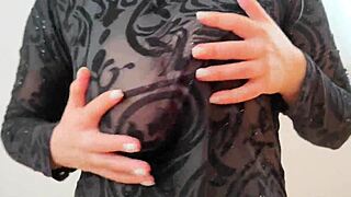 Wearing a sweatshirt, showing huge breasts and nipples, wanna see?