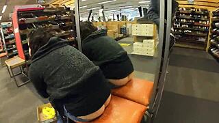 Exhibitionist brunette flashes huge ass in shop jeans 😏