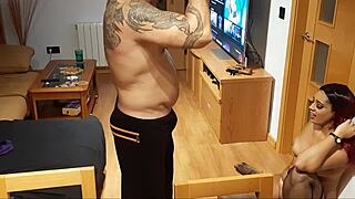 Milf learns lesson with ball licking and cum on face. Ebony redhead in action.