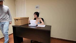 Office sex with cute teen riding cowgirl while shielding from the boss