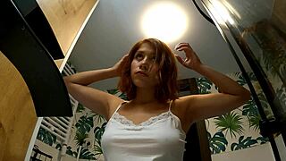 Hot Redhead Girlfriend Teases Tight Pussy in Bathroom, No Panties Under Miniskirt