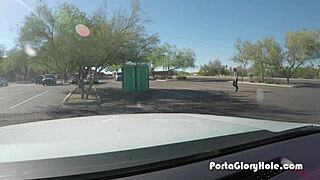 Mature Blonde Expertly Sucks Multiple Cocks Through Porta Potty Gloryhole in Public