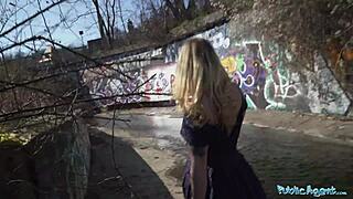 Wow! Horny blonde flasher gets her pussy creampied by a public agent in a dark tunnel!