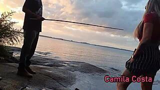 Milf finds fisherman at camping site and grabs his rod