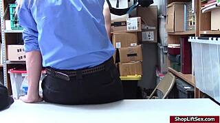 In The Office, The Lp Officer Sucks The Shoplifter's Big Cock While He Masturbates And Fingers Her.