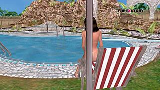 Animated 3D Cartoon Girl Poses Sexily And Showers By Pool!