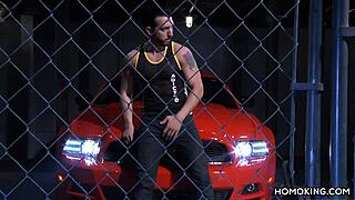 Hey, watch this strong gay couple rimming and fucking on a red car roof with cumshots