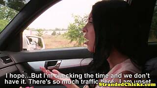 bigtit euro hitchhiker gets cum on her tits in public pov