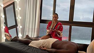Asian masseuse Lina Nakamura works big black cock. Can't resist and gets creampied inside!