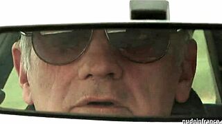 Chubby Brunette takes hard ass banging in a wild threeway with Papy Voyeur on a car.