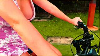 The MILF wife rides her bike in public, daring to flash her boobs to exhibitionist bikers.