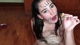 why does this slut eat piss-covered fruits and write on her body?