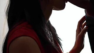 hey, check out this amateur wife in red giving a deepthroat blowjob to her friend's big cock until he cums in her mouth