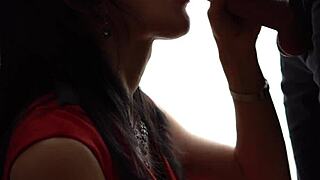 hey, check out this amateur wife in red giving a deepthroat blowjob to her friend's big cock until he cums in her mouth