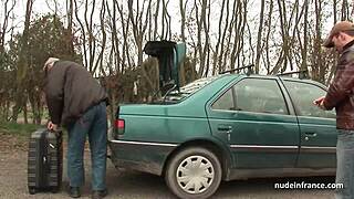 Chubby Brunette takes hard ass banging in a wild threeway with Papy Voyeur on a car.