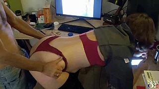 french slut in leather pants gets doggy blowjob