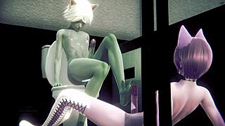 i can't believe these grey and pink cat boys are having sex in the public toilet, sissy crossdressing and all