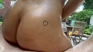 the oiled milf and her partner enjoy amazing sex outside with his big cock in her wet pussy